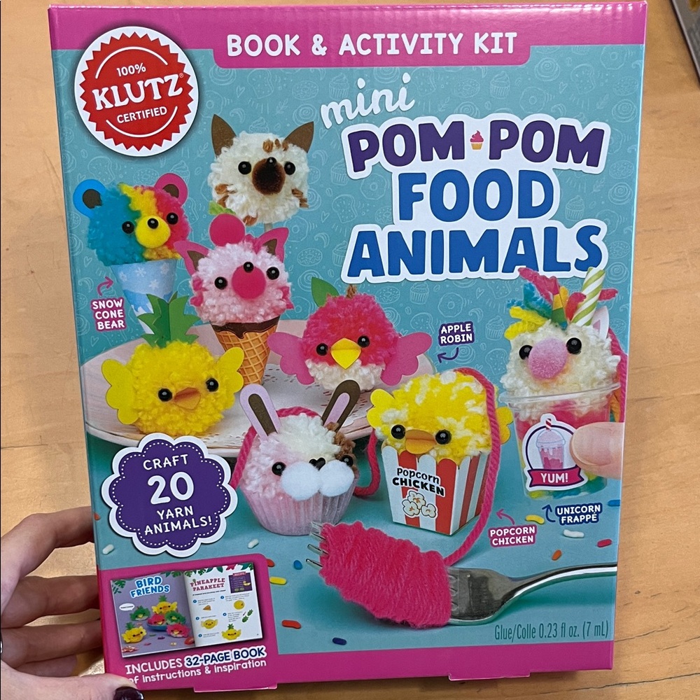KLUTZ Mini Pom-Pom Food Animals Book & Activity Kit -Multicolor, yarn craft, FUN